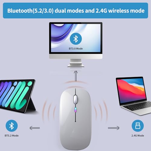 Image of Wireless Bluetooth Mouse, Rechargeable, LED, Silent, Ultra-thin Design (Bluetooth 5.2 and 2.4GHz USB Receiver) | Portable Computer Mouse for Laptops, iPads, MacBooks and Apple Devices (Silver)