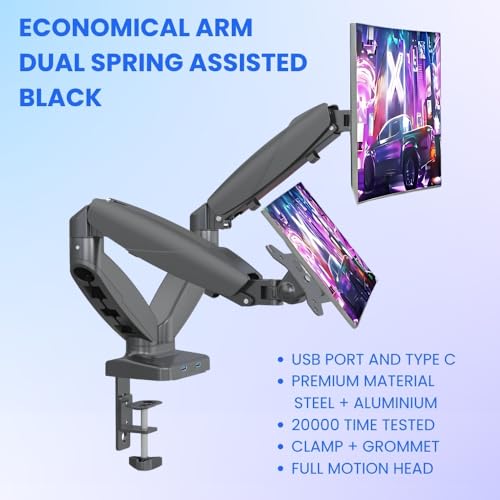 Image of UNIQ MOUNTS Premium 15''-27'' Dual Monitor Arm, 180 Swivel, 360 Rotation, +90-85 Tilt, VESA 75x75 /100x100, 9kg Weight Capacity Per Arm, 2 USB Port