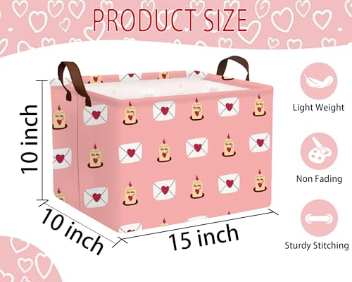 Image of Large Valentine's Day Basket Heart Shaped Storage Bin for Gifts Collapsible Organizer Room Decor (Pink Candle Envelope Love)