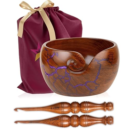 Image of Wooden Yarn Bowl for Crocheting, 7x4 inch Large Crochet Holder Gift Accessories and Knitting Gadgets Supplies Handcrafted with Fractal Wood Burning & Purple Resin Inlay ( Purple 7x4 )