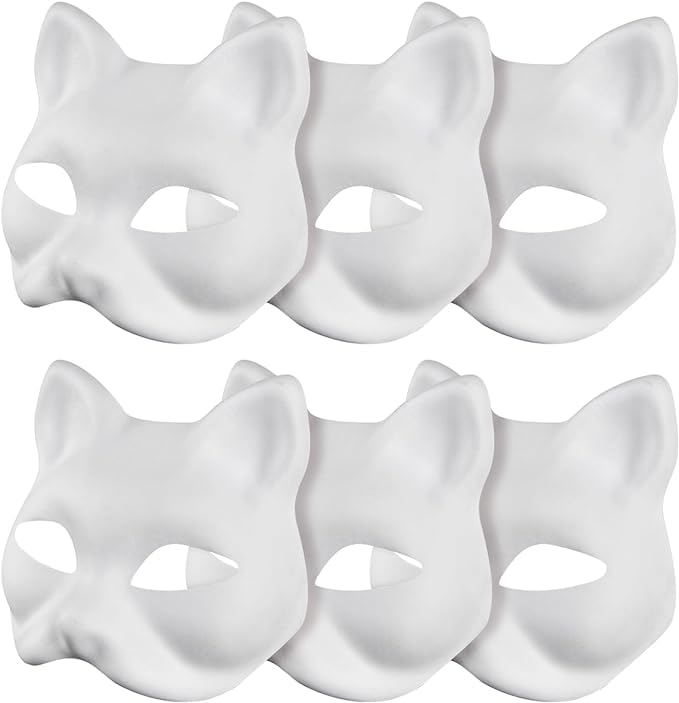 HshDUti Cat Masks - 6 Pcs DIY White Fox Cat Face Blank DIY Hand Painted Personality Masquerade Masks for Kids & Adults, Cosplay & Halloween Party