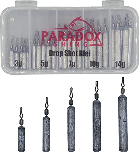 Paradox Fishing Lot de 25 plombs Drop Shot - 3,5 g/5 g/7 g/10 g/14 - 5 pièces avec boîte (26 pièces) - Dropshot - Plomb Drop Shot - Tête plombée Cheburashka - Plomb Angel Plomb Cover