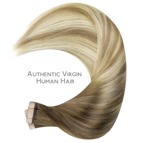 Image of WENNALIFE Tape in Hair Extensions Human Hair, 40pcs 120g 26 inch Ombre Walnut Brown to Ash Brown and Bleach Blonde Hair Extensions Real Human Hair Straight
