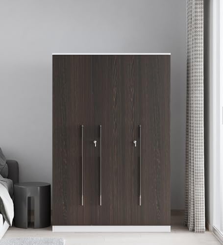 Image of WOODSUPREME Executive 3-Door Wardrobe with Integrated Full-Length | Large Capacity Engineered Wood Closet | Rich Wenge /Dark Brown & White Finish,its DIY (Do it Yourself) Product.
