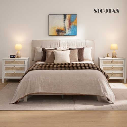 Image of SICOTAS Nightstand Set of 2 with Drawers, Rattan Nightstands, Large Modern Boho Night Stand Wide Bedside Tables for Bedroom