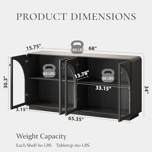 Image of Sideboard Buffet Cabinet with Storage, 68 inch Black Credenza Accent Cabinet Buffet Table w /4 Arched Glass Doors & LED Light, Modern Coffee Bar Liquor Cabinet w /2 Shelves for Kitchen Entryway