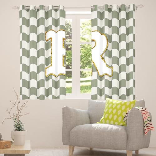 Image of Erosebridal Sage Green Checkered Window Drapes Plaid Initial R Blackout Curtains 42 inch Wx84 L Personalized Monogram Curtains for Bedroom Living Room,Grids Gingham Window Treatments 2 Panels