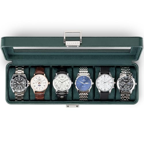 Vlando Caja de reloj para hombre, 6 relojes, de piel, con cerradura con tapa de cristal, con cojín de poliuretano, regalo para padres, marido, novio, verde oscuro