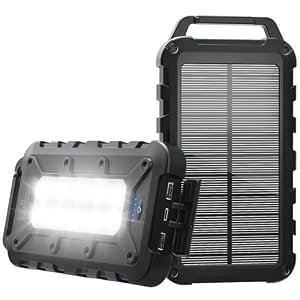 Solar Power Bank 10000 mAh PD 22.5 W Portable Solar Charger USB C Outdoor Waterproof External Battery with LED Light and 3 Outputs for Tablets Smartphones Outdoor Camping and More Black