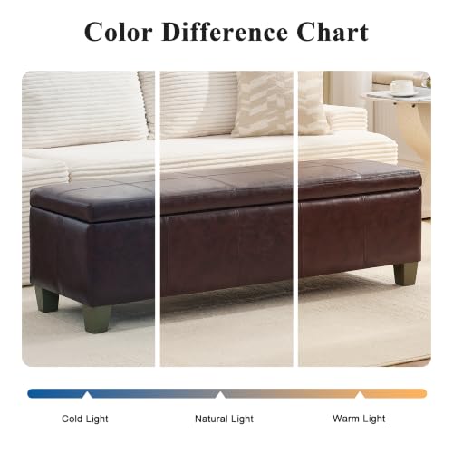 Image of 51 Inch Storage Ottoman, Storage Bench with Safety Hinge, Upholstered Synthetic Leather Ottoman Bench for Bedroom, Living Room, Entryway, Hallway, Foot Rest, Support 500lbs