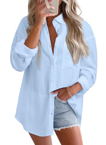 Astylish Women Loose Fit Flowy Basic Business Casual Tops Spring Summer Cotton Linen Button Down Shirts Collared Roll Up Long Sleeve V Neck Breathable Beach Fashion Soft Dressy Blouses Sky Blue Large