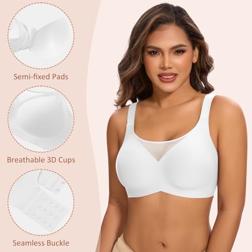DOCUMO Seamless Bras for Women Wireless T Shirt Bra Full Coverage No Underwire V Neck Lace Lift Comfort Bralette(White,3X-Large) — view 3