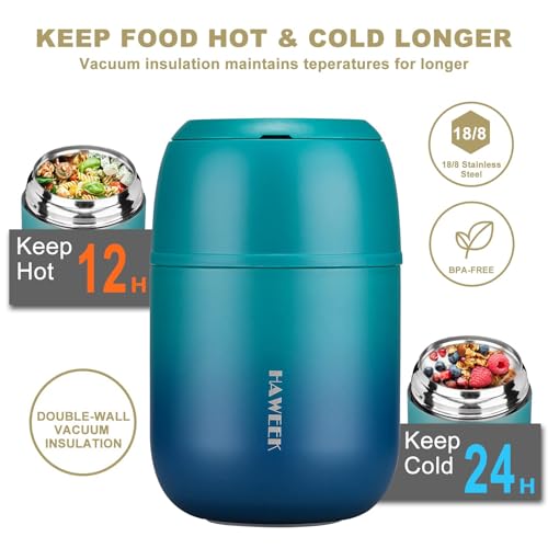 HAWEEK Insulated Soup Thermo 17oz - Stainless Steel Vacuum Lunch Box for Adults, Kids Leakproof Hot Food Container with Handle Folding Spoon (School Office Outdoor)