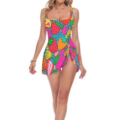 Maillot de bain une pièce femme avec jupe imprimé fraise