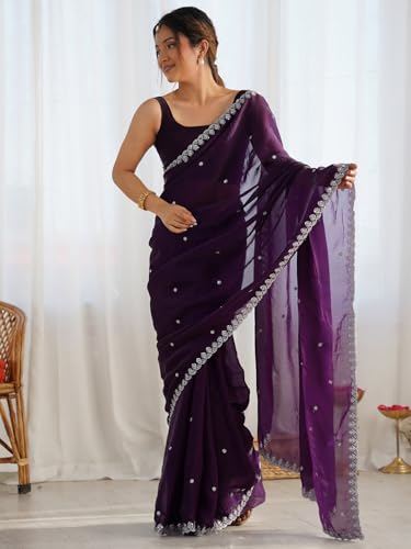 Image of AKHILAM Women's Shimmer Tissue Embroidered Saree With Unstitched Blouse Piece