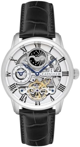 Thomas Earnshaw Mens 44mm Longitude Dual Time Automatic Skeleton Watch with 12 Hour Dual Time, Sun & Moon Display and Decorated Rotor