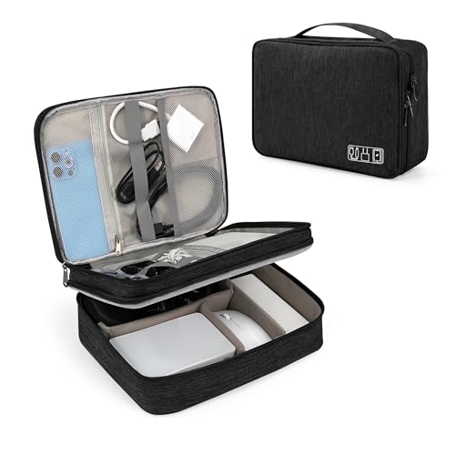Tunejoy Bolsa de Accesorios Electrónicos Organizador de Viaje para Tableta de 2 Capas Portátiles Estuche Cables de Almacenamiento para Cargador Banco de Energía 27x20x8 cm Negro