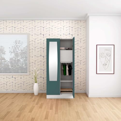 Image of GODREJ INTERIO Almirah Slimline 2-Door Steel Almirah, Cupboard for Clothes (Textured Sea Pine), 1-Year Warranty, 1 Locker, 4 Shelves and Leaf Design Mirror