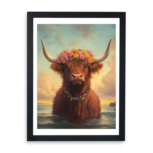 Art animalier vache d'Écosse de Spiffing Prints, grand tableau encadré sunset