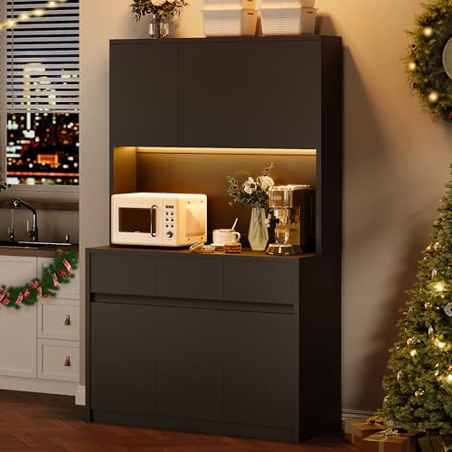 GarveeHome 71" Kitchen Pantry Cabinet, Kitchen Hutch Storage with Led Lights and Power Outlets, Buffet Cabinet with Microwave Stand, Adjustable Shelves, Handless Design, Black