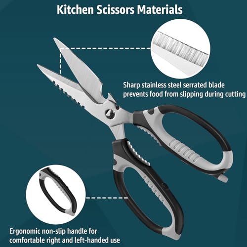 Image of BoFuYuan 9-Inch Detachable Heavy Duty Kitchen Scissors for Food, Black | Multifunctional, Sharp Serrated Blade, Dishwasher Safe, Ergonomic Non-Slip Handle, Multipurpose Cooking Food Cutting Shears