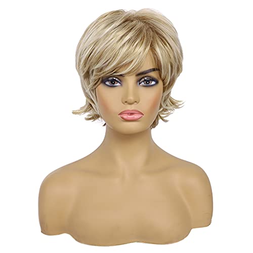 Tishining Short Blonde Pixie Cut Wigs For White Women With Bangs Shaggy Layered Mixed Blonde Natural Wavy Synthetic Hair Wig Heat Resistant Fiber Hair Replacement Wig #TOP2