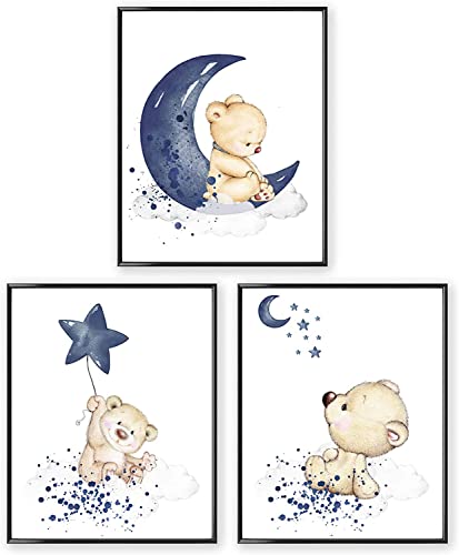 Bda36-Z Set Of 3 Poster丨Nursery Children's Room Bear Moon Star Decor Wall Art Poster丨Cute Modern Nordic Home Decor Poster Blue Painting Art丨For Boy Girl Kids Room Playroom丨8X10 Inch Unframed #TOP29