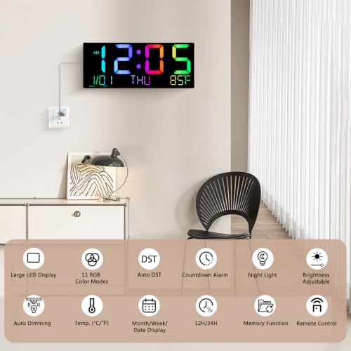 16" Large Digital Wall Clock: 11 RGB Color LED Display with Remote Control - Image 3
