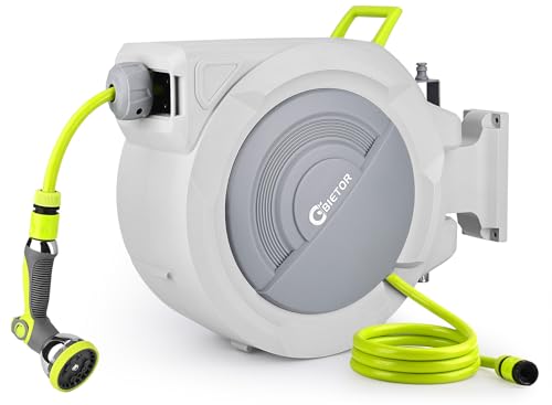 Bietor Wall-Mounted Garden Hose Reel with 30m Hose + 2m Extension, Automatic Retraction, Adjustable Length Lock, 180°-Swivel Bracket, 10 Spray Patterns for Garden, Lawn & Car Wash