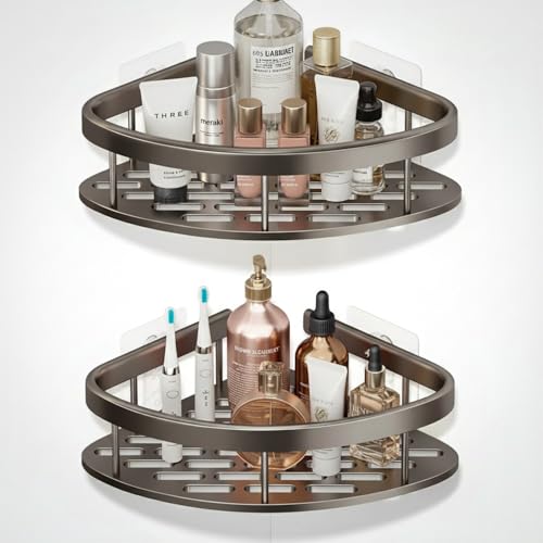 Image of Pack of 2, Self Adhesive Bathroom Corner Shelf for Wall Shelf Organizer Wall Mounted Aluminum Bathroom Shelves Rack Holder Stand for Bathroom Accessories Organiser Without Drill