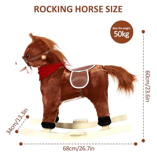 Bluethy Rocking Horse for Toddlers Ages 1-6, Plush Ride On Toy with Sounds Moving Mouth & Wagging Tail, Interactive Wooden Rocker for Kids, Baby Rocking Chair Toys up to 120kg (Dark Brown Small) - Thumbnail 2