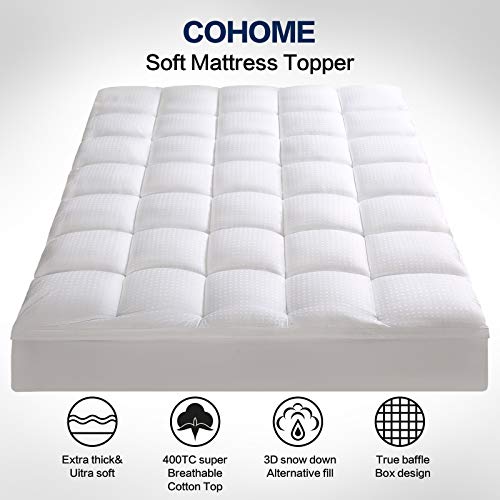 COHOME Queen Size Mattress Topper Extra Thick Cooling Mattress Pad 400TC Cotton Top Plush Down Alternative Fill Pillow Top Mattress Cover with 8-21 Inch Deep Pocket (60x80 Inches, White-Classic)