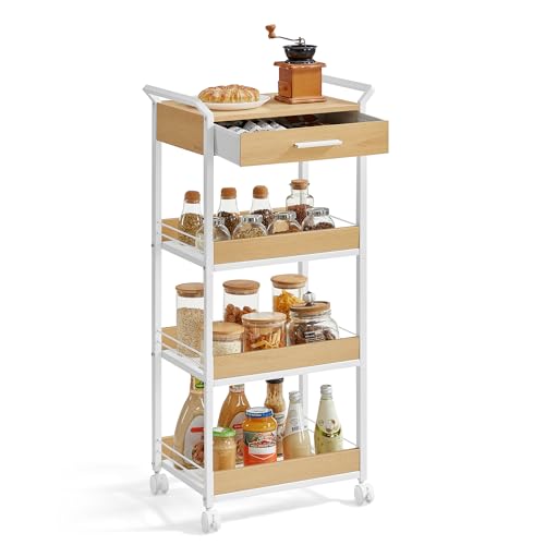 Image of VASAGLE Storage Cart, 4-Tier Rolling Utility Cart with Table Top, Handles, 4 Lockable Casters, Top Drawer, Mesh Shelves, for Kitchen, Bathroom, Bedroom, Golden Oak and Cloud White ULRC049N01