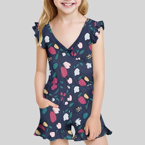 Girls Built in Bra Swim Romper Floral Printed One Piece Full Coverage Bathing Suits Ruffle Swimsuit with Built in Bra4