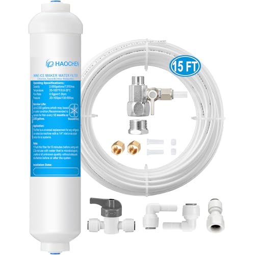 Kit de filtro de agua en línea para máquina de hielo y refrigerador, incluye válvula de agua de alimentación, línea de agua de 1/4 pulgadas y accesorios de conexión rápida, ideal para máquina de