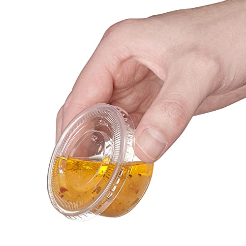 Image of GUSTO 2 oz Jello Shot Cups with Lids [100 Count] Clear Plastic Portion Containers, Condiment Cups for Sauces, Dressings & Samples - Durable, Stackable, Leak-Resistant (Formerly Comfy Package)