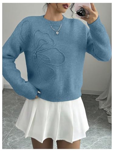 Image of RoseSeek Women's 3D Floral Appliques Crewneck Sweaters Long Sleeve Drop Shoulder Pullovers Elegant Knit Tops