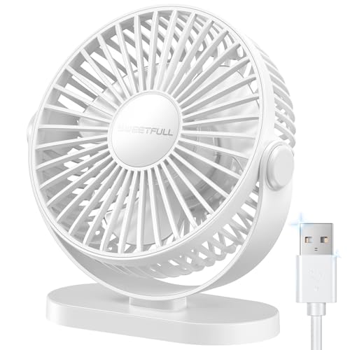 Image of SWEETFULL USB Desk Fan Small Quiet - 3 Speeds Mini Personal Portable Fan 360 Rotation Adjustable, 5.5 Inch Office Table Cooling Gadgets on Desktop (White)