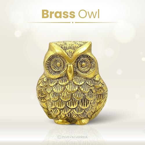 Image of Plus Value Brass Owl Statue for Good Luck Feng Shui Vastu Idol Symbol of Wisdom Protection for Home & Office Work Desk Decor Metal Owl Sculpture Showpiece (2.5 Inches, Gold)