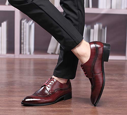Oxford Shoes Men Brogue Pointed Toe Wingtip Lace-Up Leather Formal Dress Shoes Red 9 Us #TOP6
