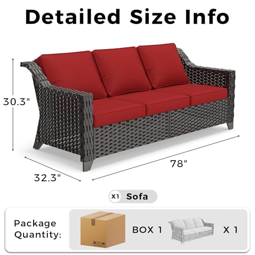 Image of 77'' Patio Sofa, All Weather Outdoor Rattan Wicker 3-Seat Sofa High Back Couch with Premium Cushions for Garden Backyard Porch(Brown /Red) | Patio Couch with Olefin Removable Cushion, All-Weather Outdoor Sofa with Deep Seat for Porch, Deck and Backyard, Red