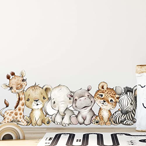 WANDKIND Tiere Afrika Wandtattoo Safari Kinderzimmer V351 | handgezeichnet | AUFKLEBER Kindergarten | Wandsticker Dschungel mit Löwe Elefant Giraffe Nilpferd Zebra Tiger (75 x 75 cm) Cover