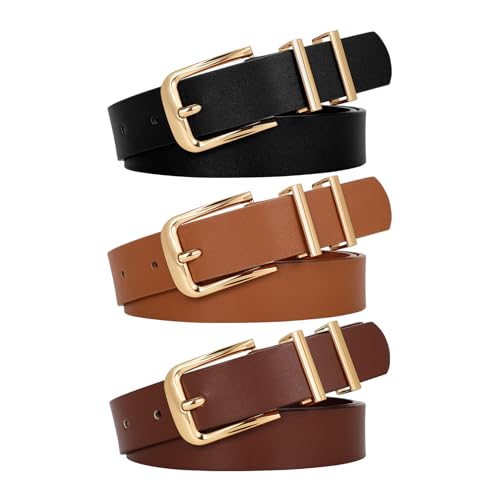 WERFORU 3 PACK Women Belt Women Fashion Leather Belts for Jeans Pants Ladies Belts with Gold Buckle