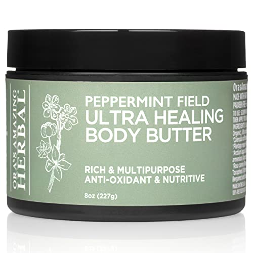 Ora's Amazing Herbal Ultra Healing Body Butter, Intensive Moisturizer For Dry Skin, Spearmint &amp; Bergamot Essential Oil, 8 oz, Peppermint Field Scent