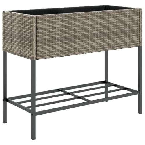 vidaXL Jardinière avec étagère Gris résine tressée, jardinière d'extérieur, bac à Fleurs, bac à tomates, jardinière de terrasse, bac à Pommes de...
