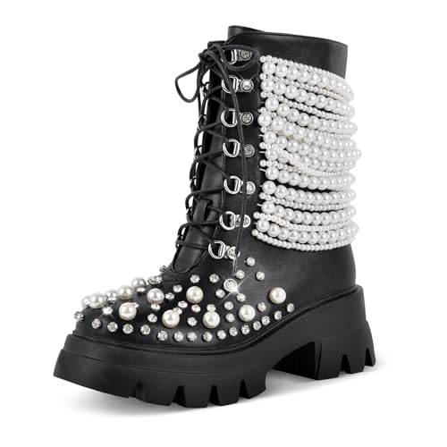 Platform Ankle Boots for Women Chunky Heel Lace-Up Combat Boots with Rhinestones Pearls Chains2
