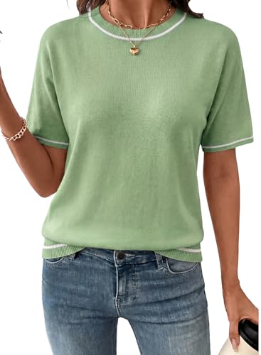 Image of SHEWIN Womens Tops Trendy Short Sleeve Shirts Crewneck Lightweight Knit Sweater Top Business Casual Outfits