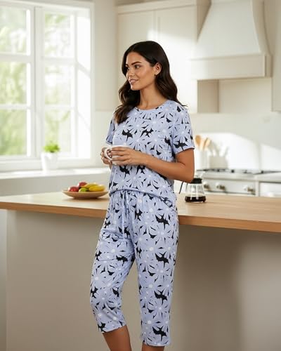 Image of Real Essentials 2 Pack: Womens Pajamas Short Sleeve Sleepwear Tops and Capri Pants Pjs Print Pajama Sets (Available In Plus)