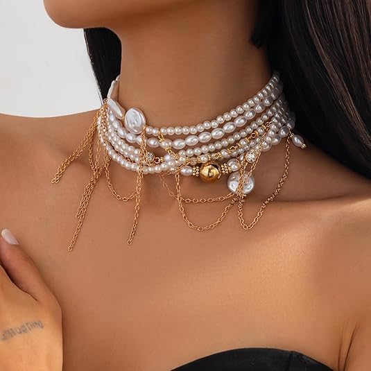 Collier de perles multicouches tendance bijou perles blanches femme