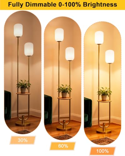 Image of 2-Lights Gold Dimmable Floor Lamp with Table, Modern Floor Lamps with Oval Striped Lampshade 3000K Soft Warm White Standing Tall Lamp for Living Room /Bedroom /Sofa Beside /Corner Decor
